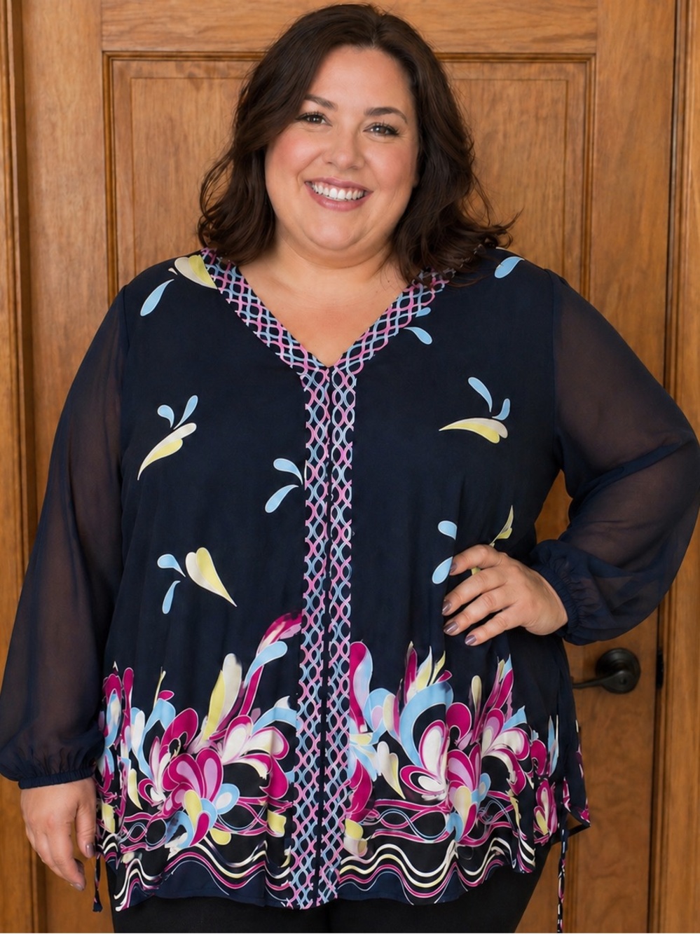 EUC JM Collection Like New Navy Tunic with sheer sleeves XXL